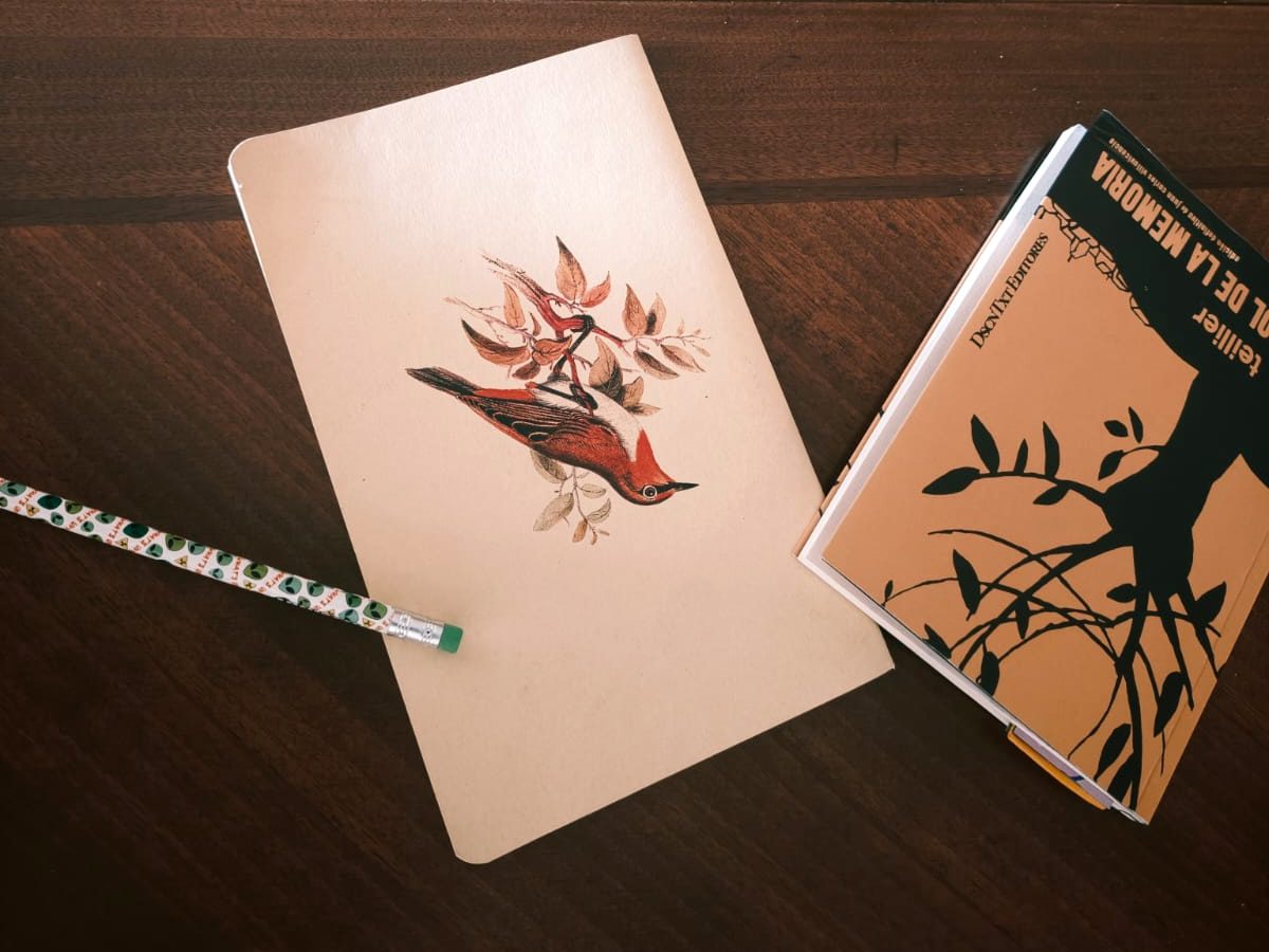 On a wooden table, a beige notebook with a red bird drawn on it, a pencil and a book.
